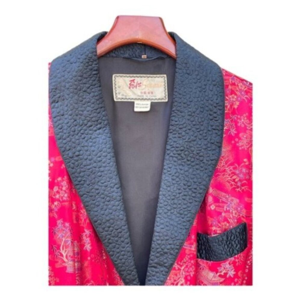 Vintage Oriental Satin Brocade Smoking Jacket w/ Black Pants Men Size 48 - Picture 7 of 14